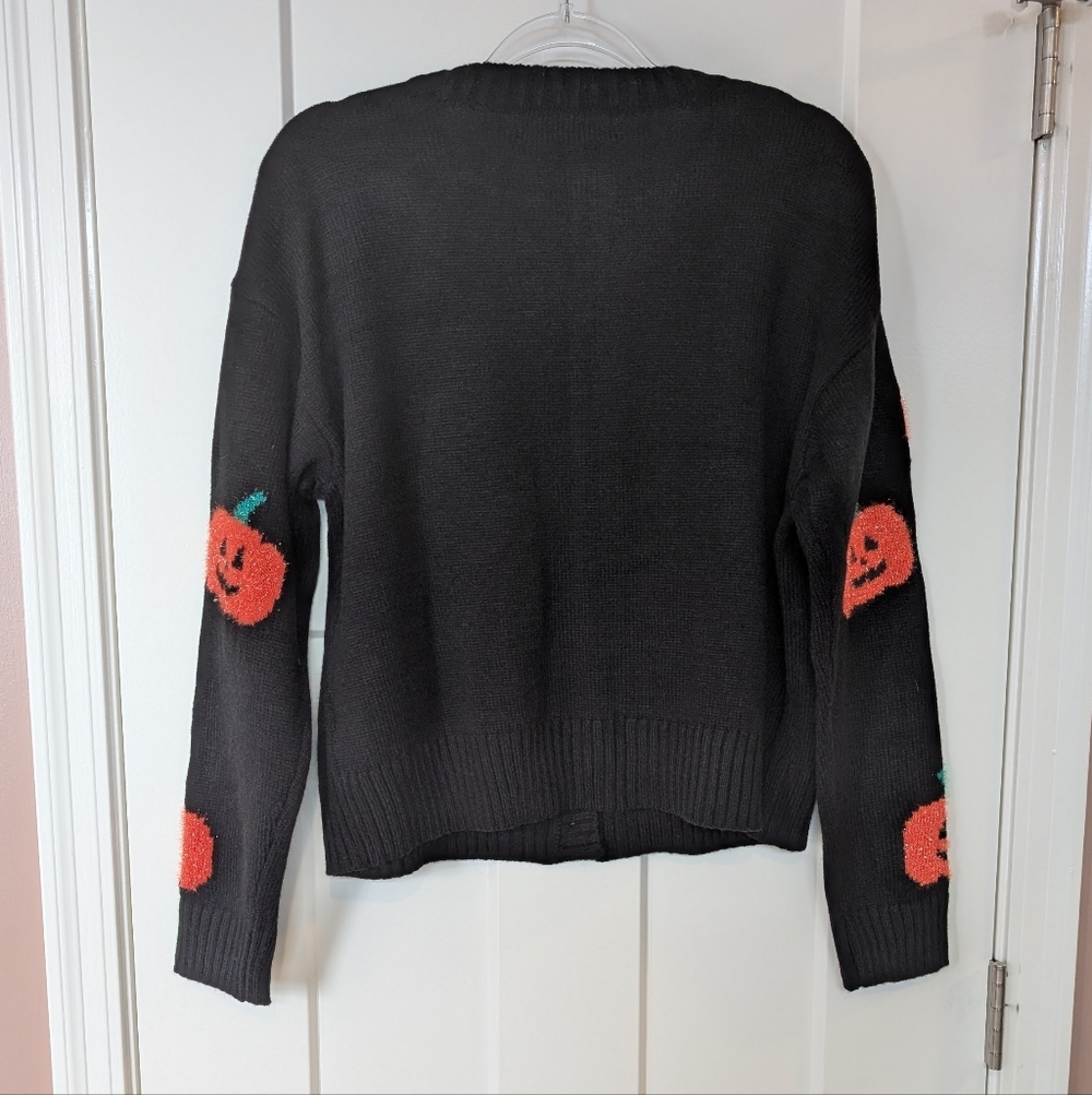 32 Degrees Black Halloween Cardigan with Orange Pumpkin Pattern - Picture 3 of 3